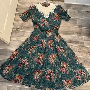 Vtg 90s Lisa II  Green Fall Floral Bib Collar Drop Waist Dress Sz 14 Made In USA